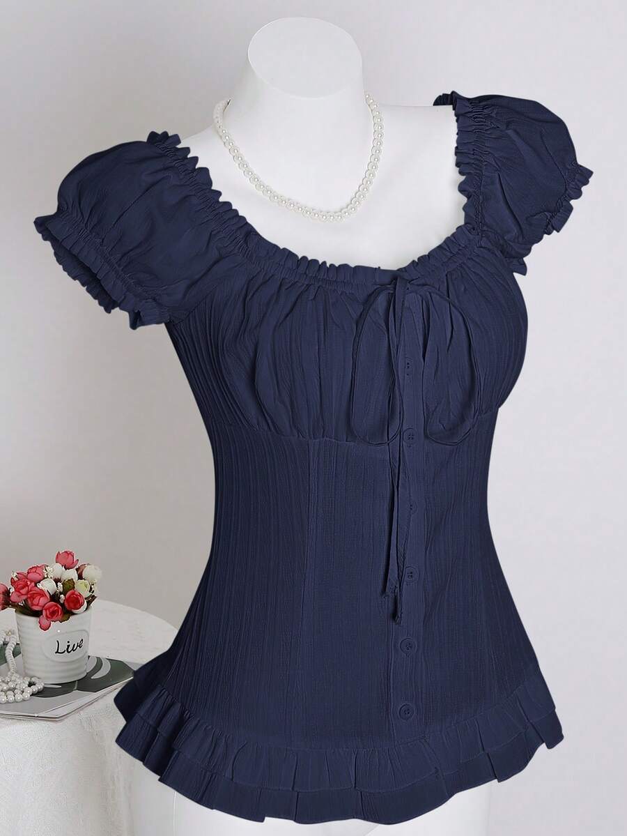 Sweetra Women's Summer Solid Color Ruffle Hem Tie Waist Short Sleeve Blouse