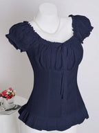 Sweetra Women's Summer Solid Color Ruffle Hem Tie Waist Short Sleeve Blouse