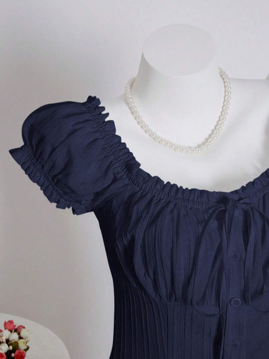 Sweetra Women's Summer Solid Color Ruffle Hem Tie Waist Short Sleeve Blouse