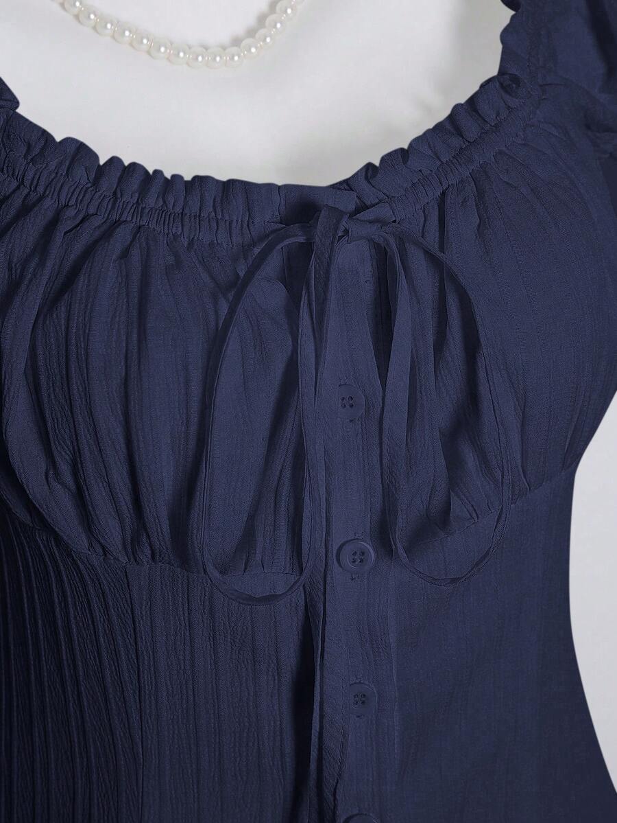 Sweetra Women's Summer Solid Color Ruffle Hem Tie Waist Short Sleeve Blouse