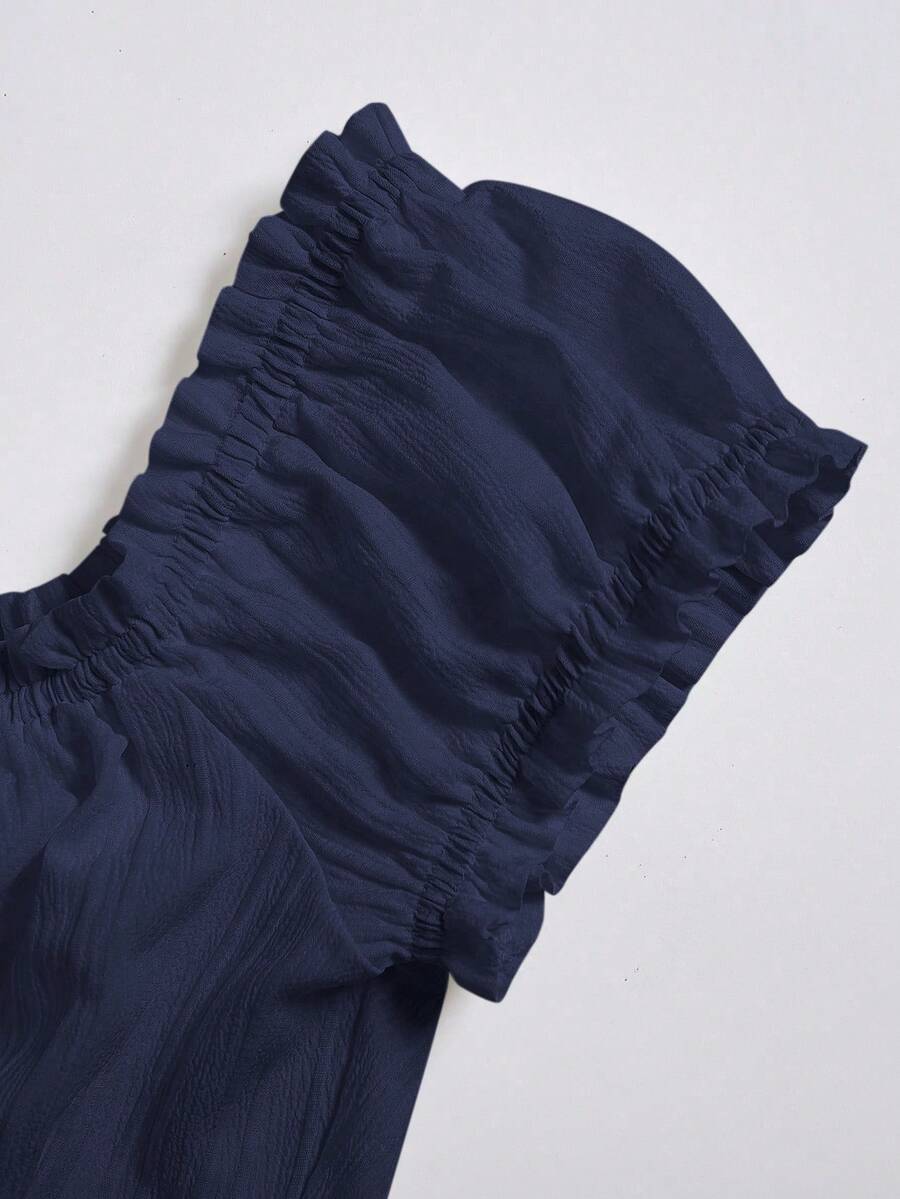 Sweetra Women's Summer Solid Color Ruffle Hem Tie Waist Short Sleeve Blouse