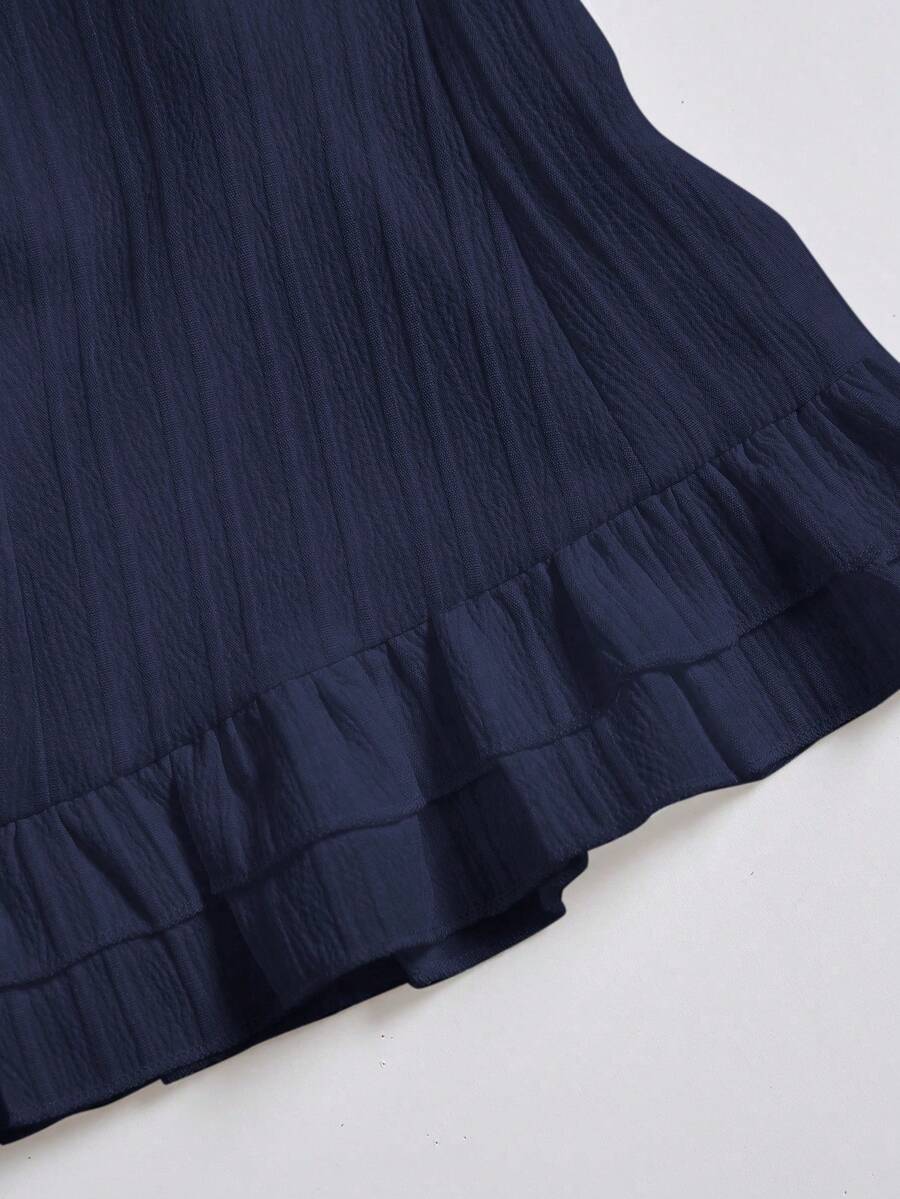Sweetra Women's Summer Solid Color Ruffle Hem Tie Waist Short Sleeve Blouse