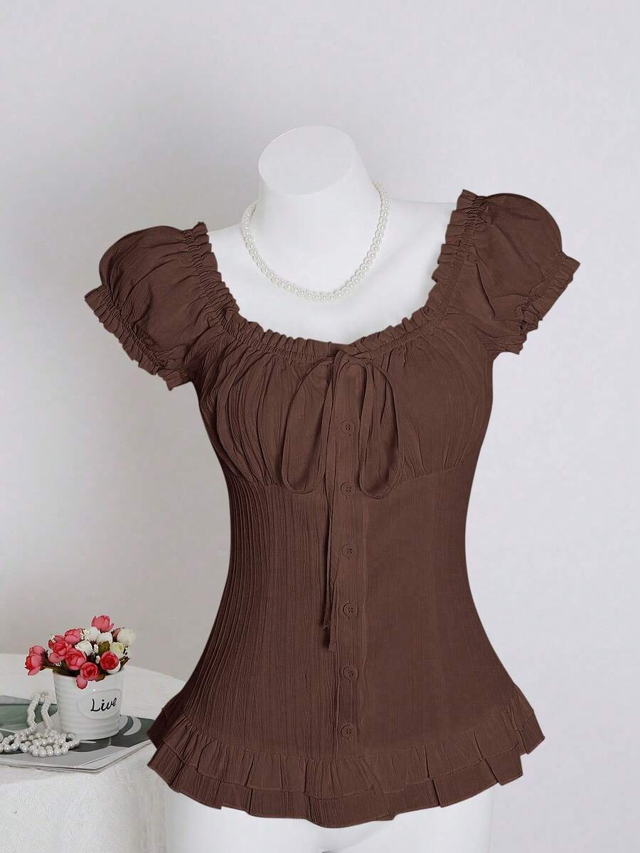 Sweetra Women's Summer Solid Color Ruffle Hem Tie Waist Short Sleeve Blouse