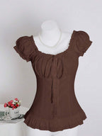 Sweetra Women's Summer Solid Color Ruffle Hem Tie Waist Short Sleeve Blouse