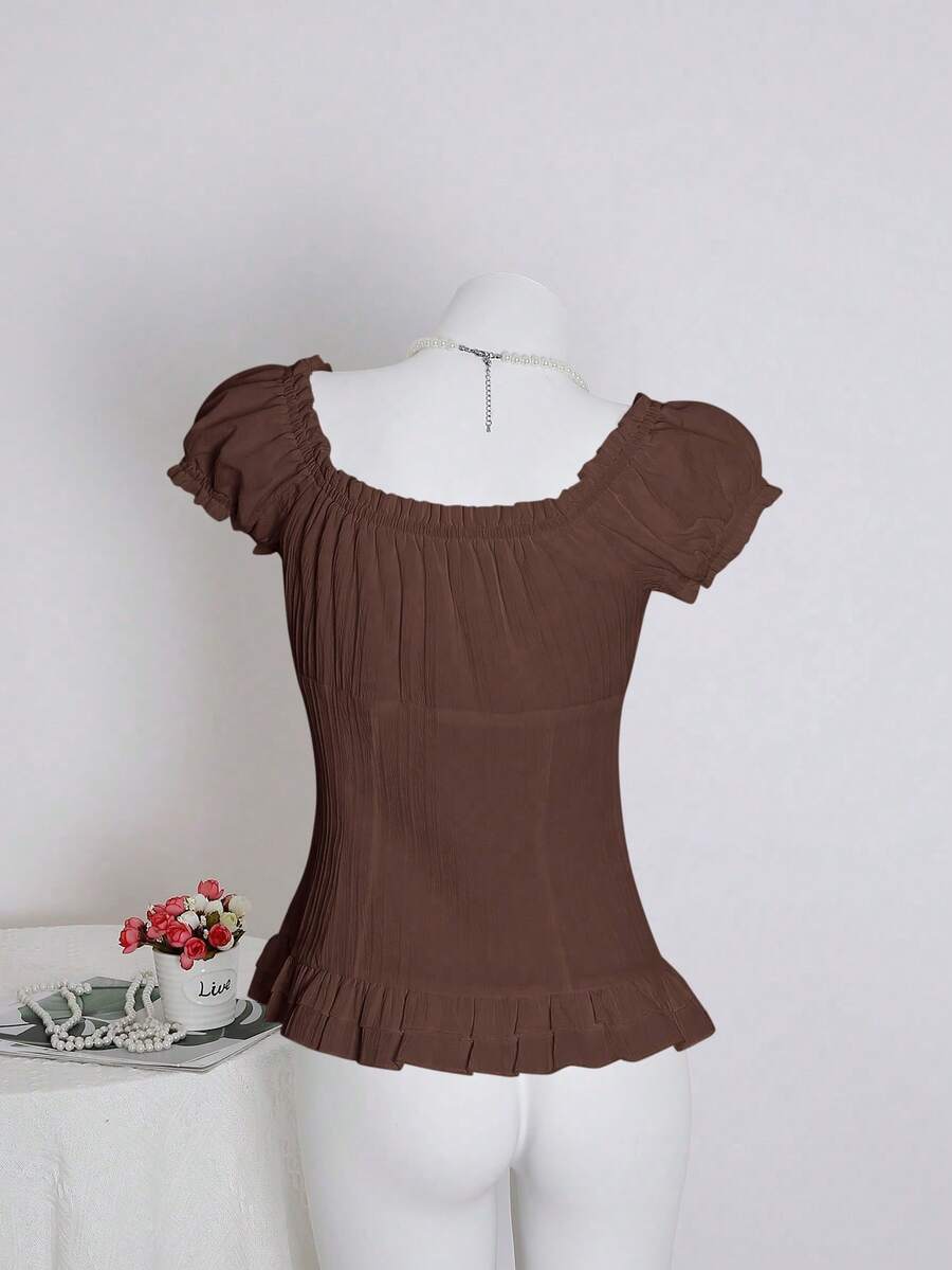 Sweetra Women's Summer Solid Color Ruffle Hem Tie Waist Short Sleeve Blouse