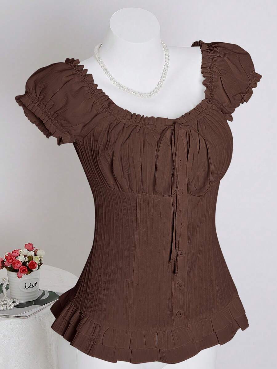 Sweetra Women's Summer Solid Color Ruffle Hem Tie Waist Short Sleeve Blouse