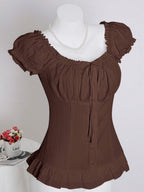 Sweetra Women's Summer Solid Color Ruffle Hem Tie Waist Short Sleeve Blouse