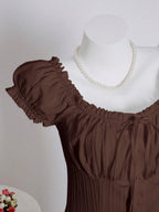 Sweetra Women's Summer Solid Color Ruffle Hem Tie Waist Short Sleeve Blouse