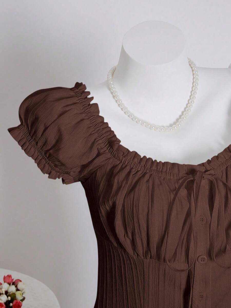Sweetra Women's Summer Solid Color Ruffle Hem Tie Waist Short Sleeve Blouse
