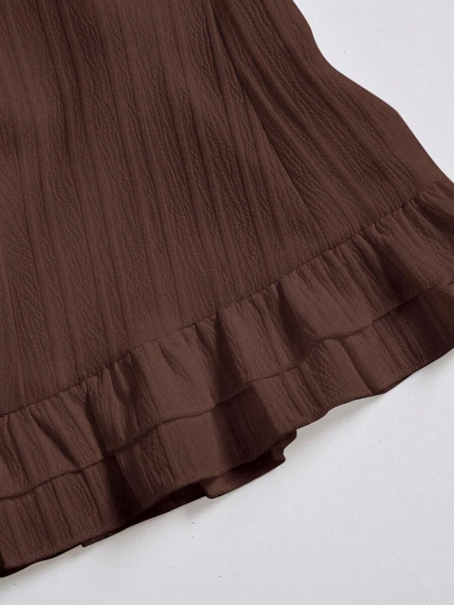 Sweetra Women's Summer Solid Color Ruffle Hem Tie Waist Short Sleeve Blouse