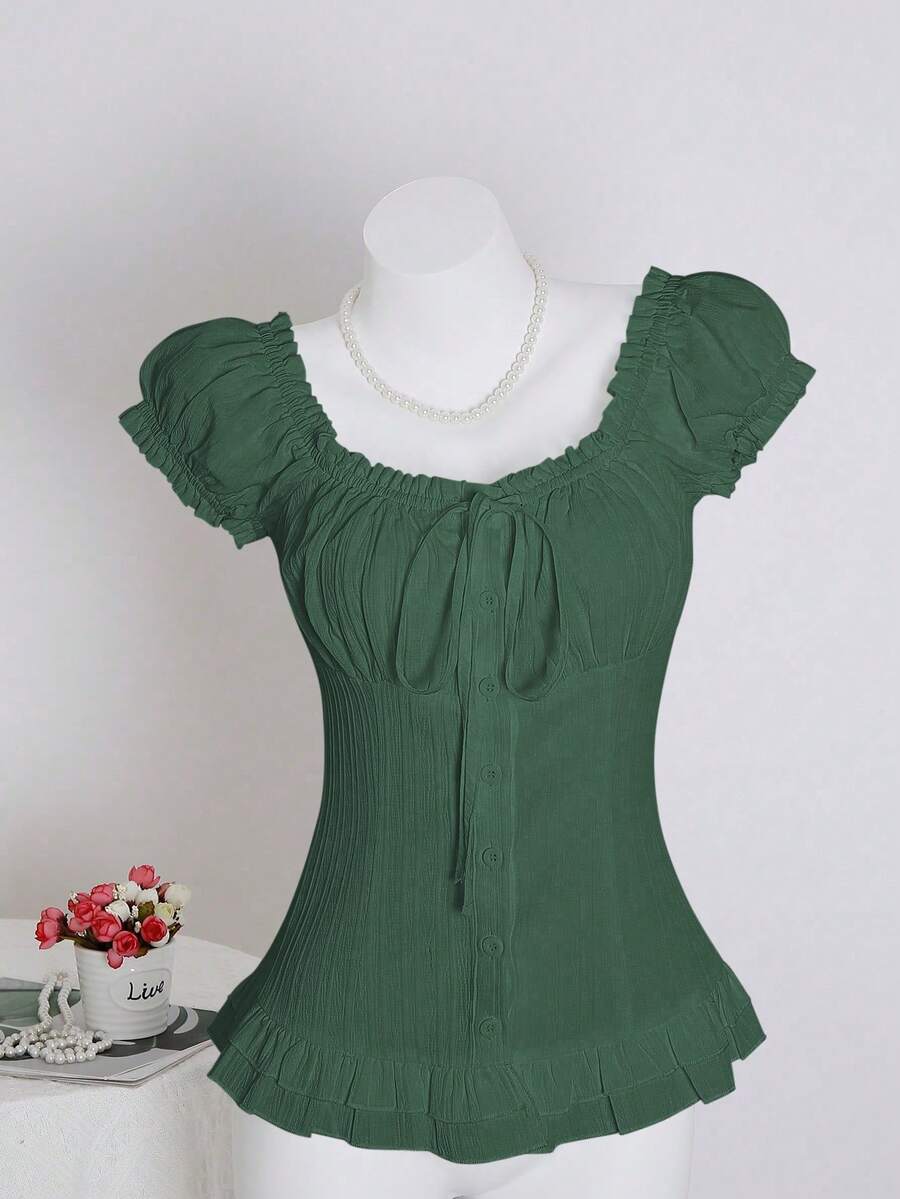 Sweetra Women's Summer Solid Color Ruffle Hem Tie Waist Short Sleeve Blouse