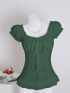 Sweetra Women's Summer Solid Color Ruffle Hem Tie Waist Short Sleeve Blouse