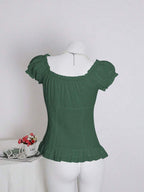Sweetra Women's Summer Solid Color Ruffle Hem Tie Waist Short Sleeve Blouse