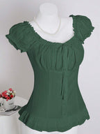 Sweetra Women's Summer Solid Color Ruffle Hem Tie Waist Short Sleeve Blouse