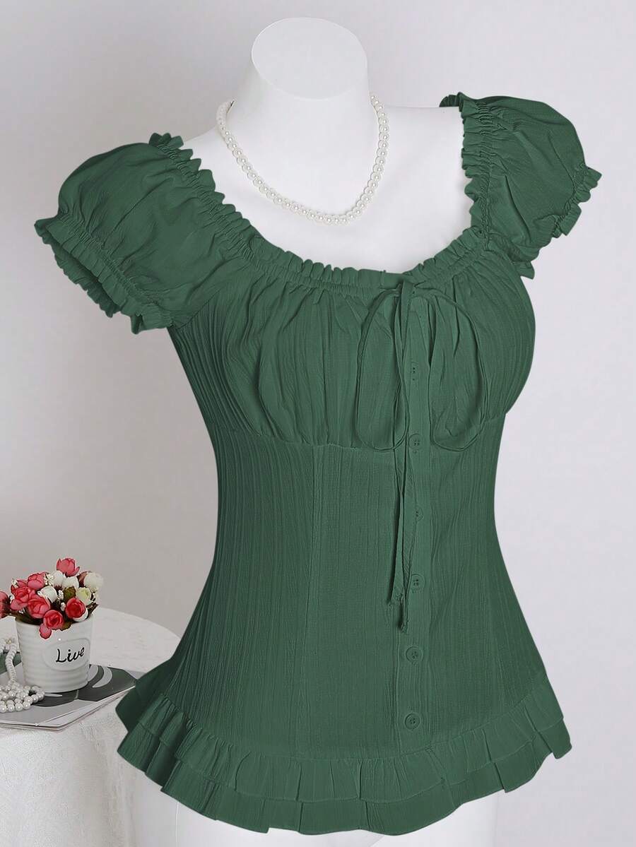 Sweetra Women's Summer Solid Color Ruffle Hem Tie Waist Short Sleeve Blouse