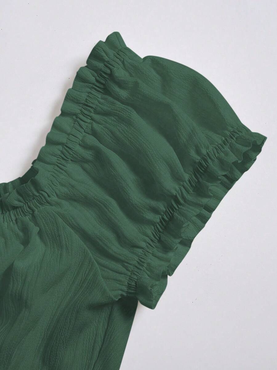 Sweetra Women's Summer Solid Color Ruffle Hem Tie Waist Short Sleeve Blouse