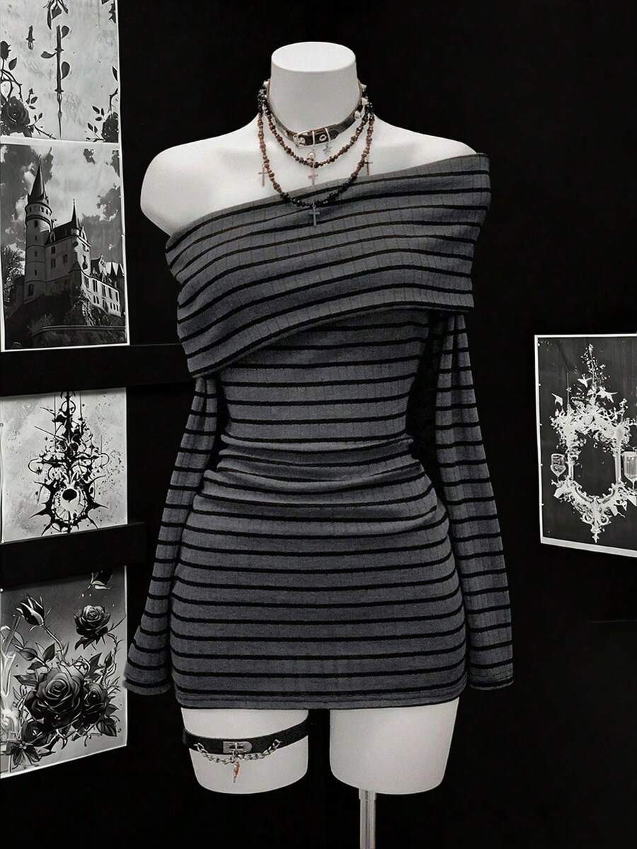 EgrlEra Women's Fashionable Black And Gray Striped Long Sleeve Dress