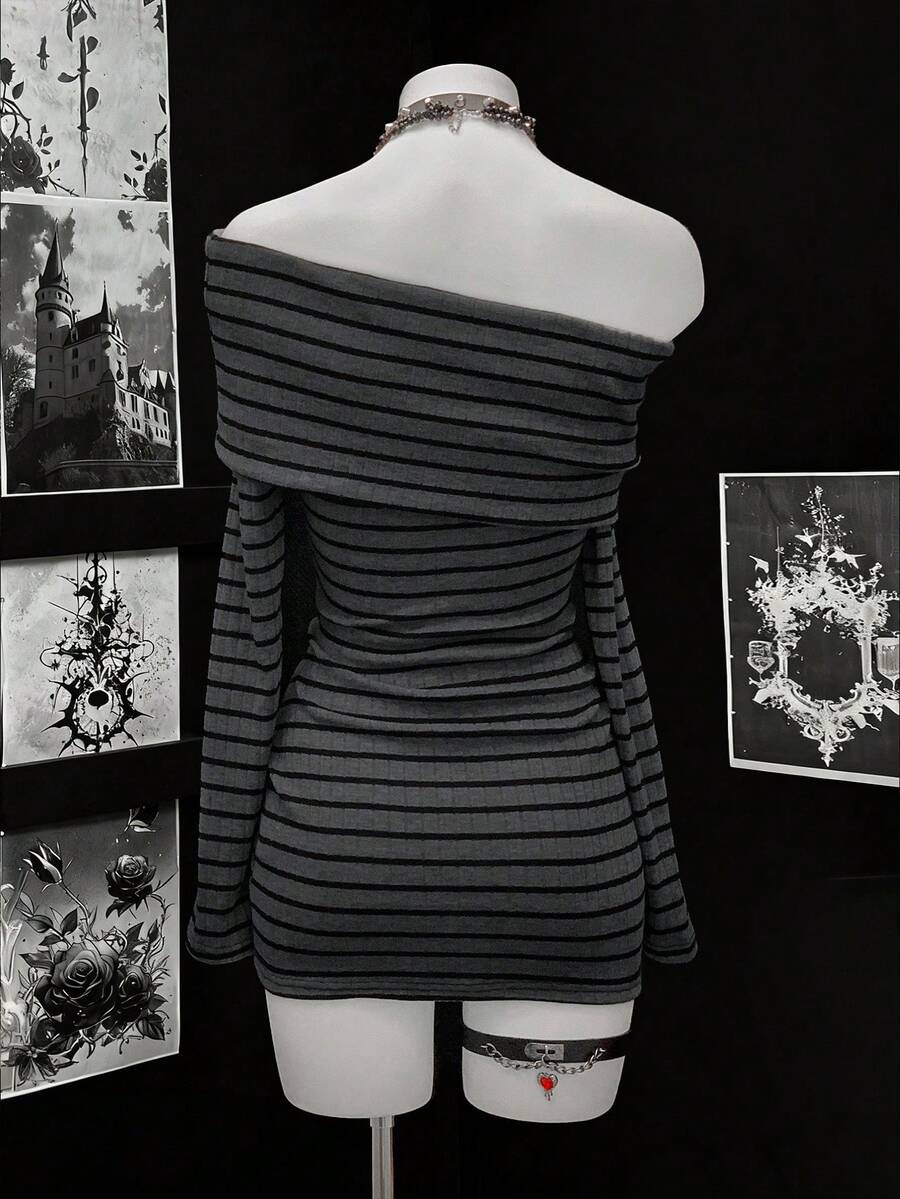 EgrlEra Women's Fashionable Black And Gray Striped Long Sleeve Dress