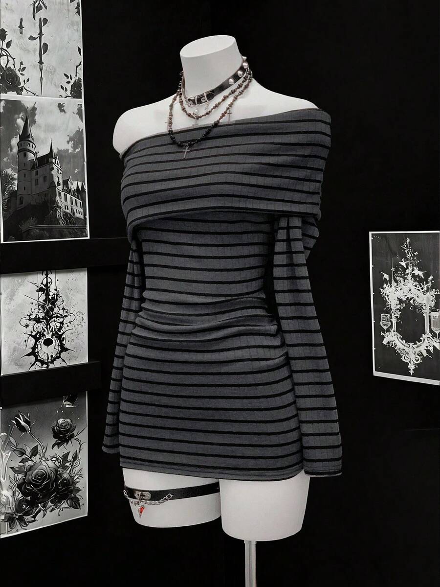 EgrlEra Women's Fashionable Black And Gray Striped Long Sleeve Dress