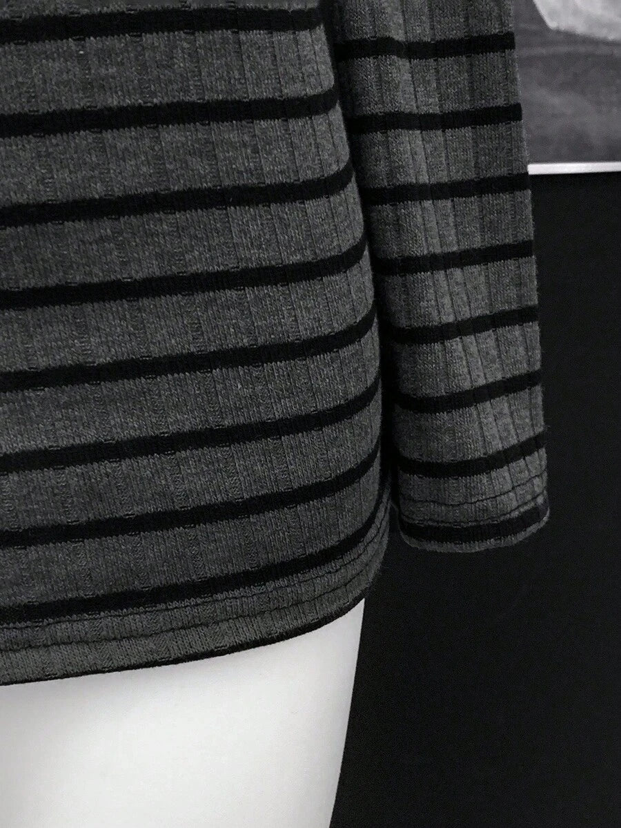 EgrlEra Women's Fashionable Black And Gray Striped Long Sleeve Dress