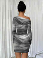 Selianne 1pc Women Fitted Tie Dye Print Ruched Oblique Shoulder Long Sleeve Dress For New Year Clothes Fall Cloth For Women
