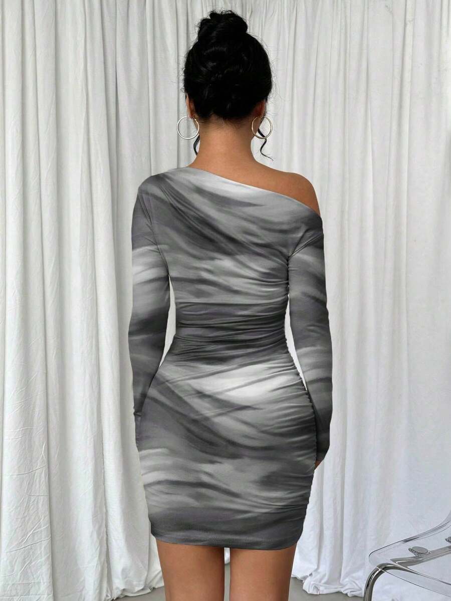 Selianne 1pc Women Fitted Tie Dye Print Ruched Oblique Shoulder Long Sleeve Dress For New Year Clothes Fall Cloth For Women