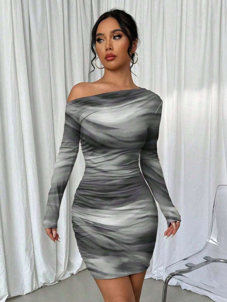 Selianne 1pc Women Fitted Tie Dye Print Ruched Oblique Shoulder Long Sleeve Dress For New Year Clothes Fall Cloth For Women