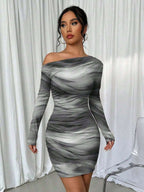 Selianne 1pc Women Fitted Tie Dye Print Ruched Oblique Shoulder Long Sleeve Dress For New Year Clothes Fall Cloth For Women
