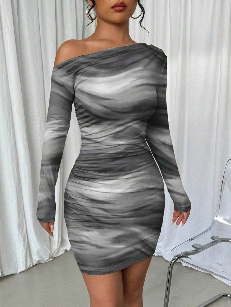 Selianne 1pc Women Fitted Tie Dye Print Ruched Oblique Shoulder Long Sleeve Dress For New Year Clothes Fall Cloth For Women