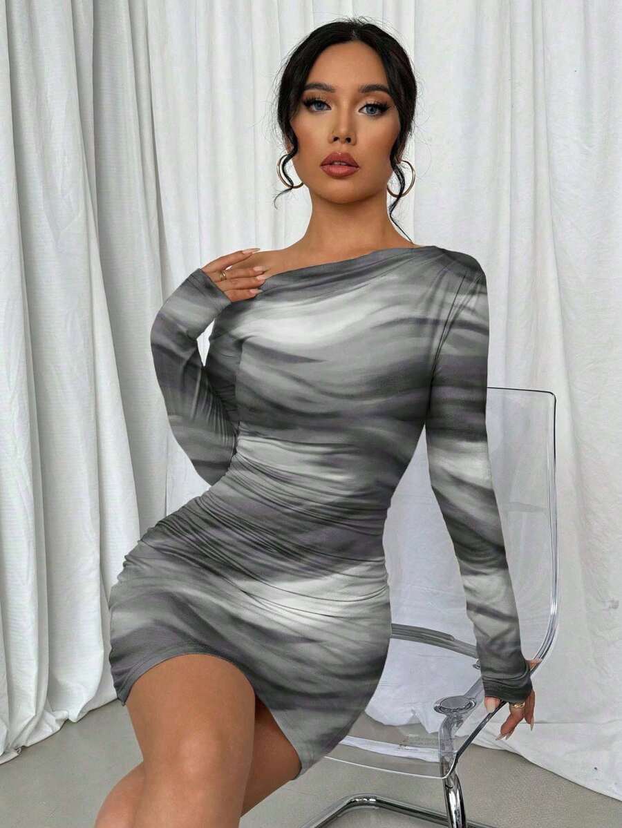 Selianne 1pc Women Fitted Tie Dye Print Ruched Oblique Shoulder Long Sleeve Dress For New Year Clothes Fall Cloth For Women