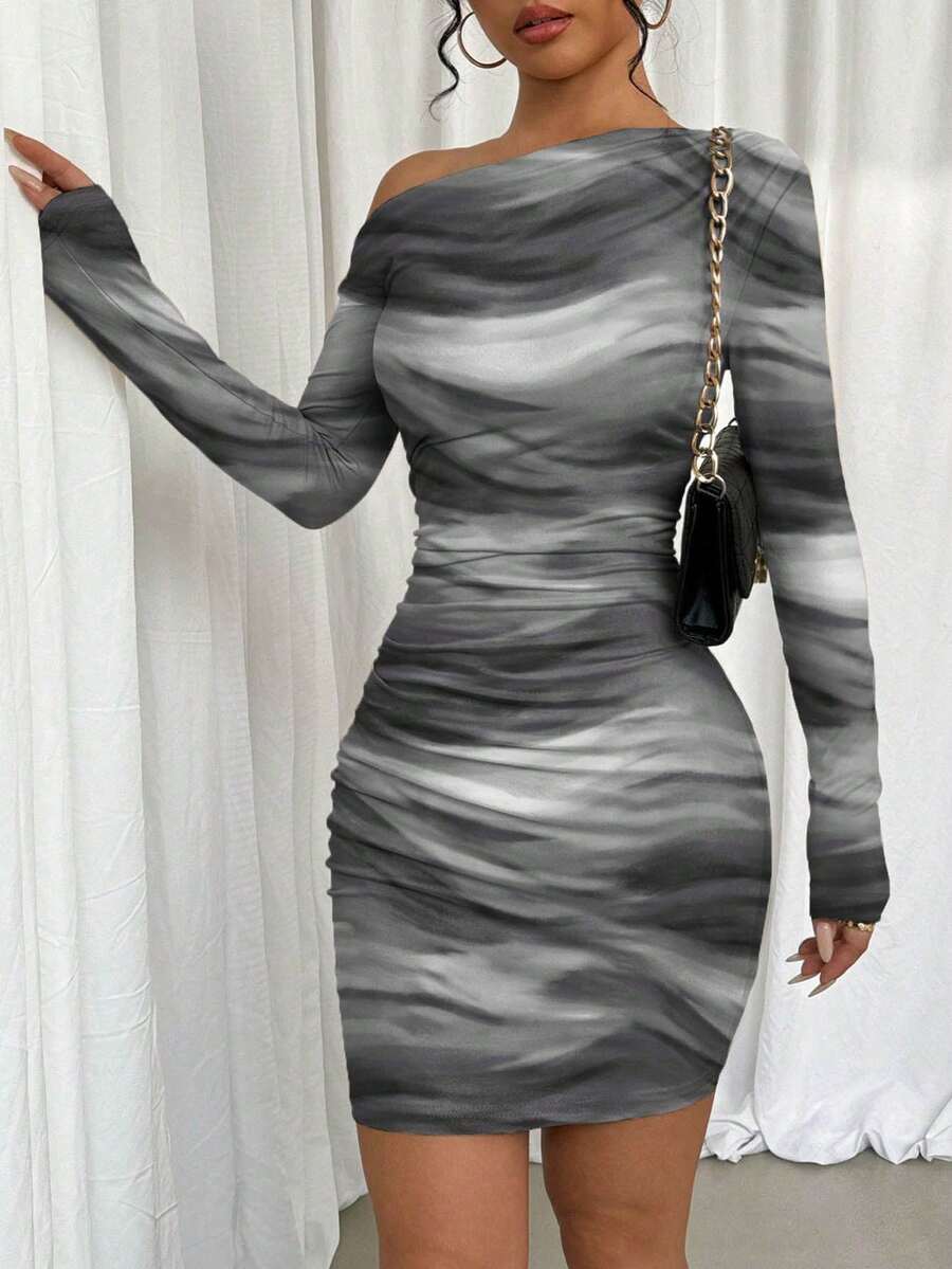 Selianne 1pc Women Fitted Tie Dye Print Ruched Oblique Shoulder Long Sleeve Dress For New Year Clothes Fall Cloth For Women