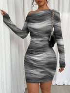 Selianne 1pc Women Fitted Tie Dye Print Ruched Oblique Shoulder Long Sleeve Dress For New Year Clothes Fall Cloth For Women