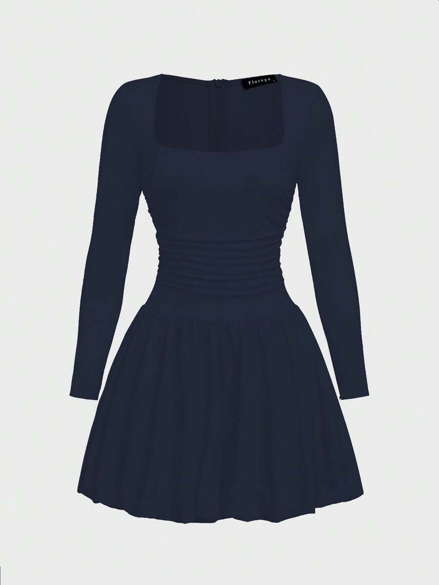 Elegant Vintage French Style Long Sleeve A-Line Dress, Pleated Collar Waist Cinched Casual Midi Length Dress For Women