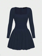Elegant Vintage French Style Long Sleeve A-Line Dress, Pleated Collar Waist Cinched Casual Midi Length Dress For Women