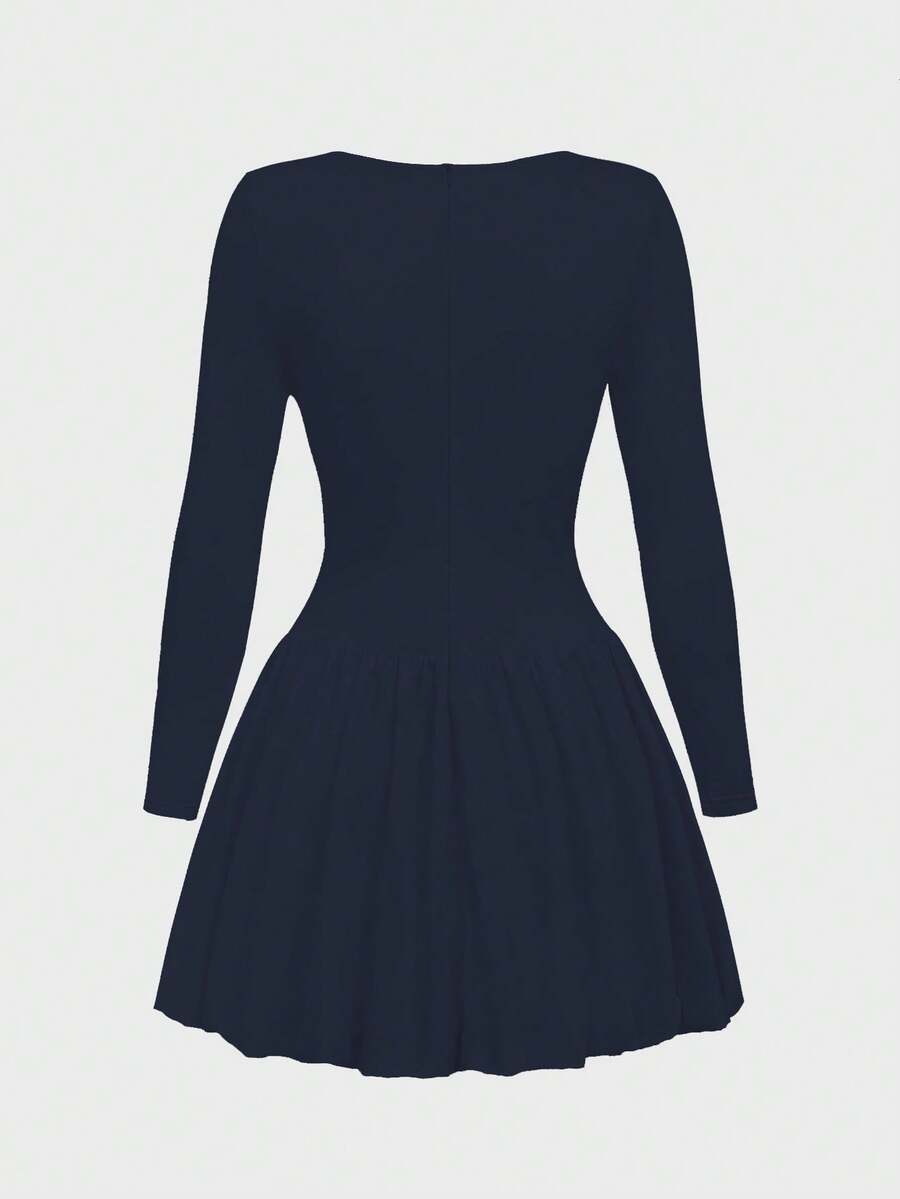 Elegant Vintage French Style Long Sleeve A-Line Dress, Pleated Collar Waist Cinched Casual Midi Length Dress For Women
