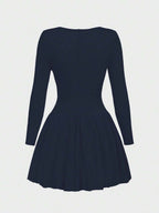 Elegant Vintage French Style Long Sleeve A-Line Dress, Pleated Collar Waist Cinched Casual Midi Length Dress For Women