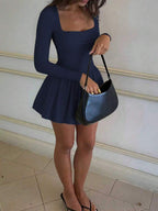 Elegant Vintage French Style Long Sleeve A-Line Dress, Pleated Collar Waist Cinched Casual Midi Length Dress For Women