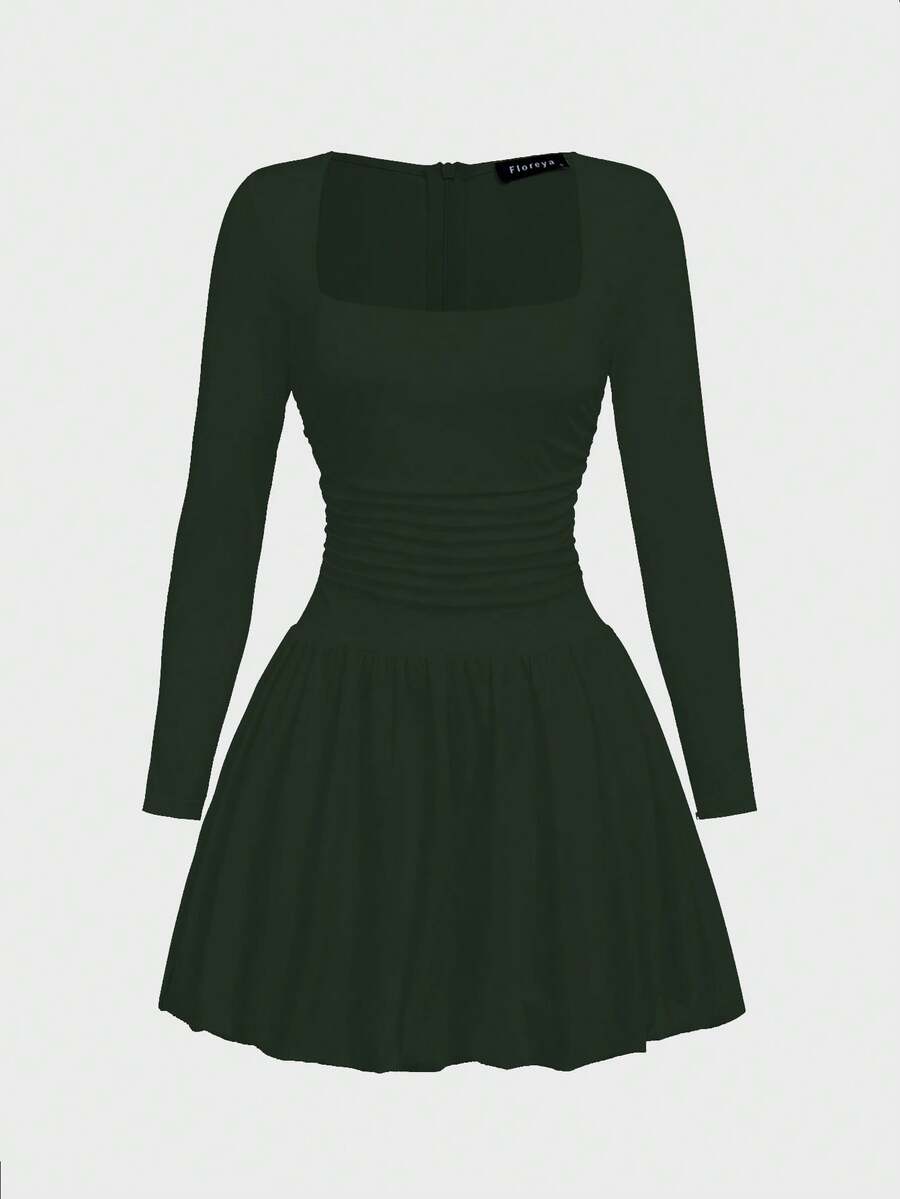 Elegant Vintage French Style Long Sleeve A-Line Dress, Pleated Collar Waist Cinched Casual Midi Length Dress For Women
