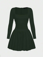 Elegant Vintage French Style Long Sleeve A-Line Dress, Pleated Collar Waist Cinched Casual Midi Length Dress For Women
