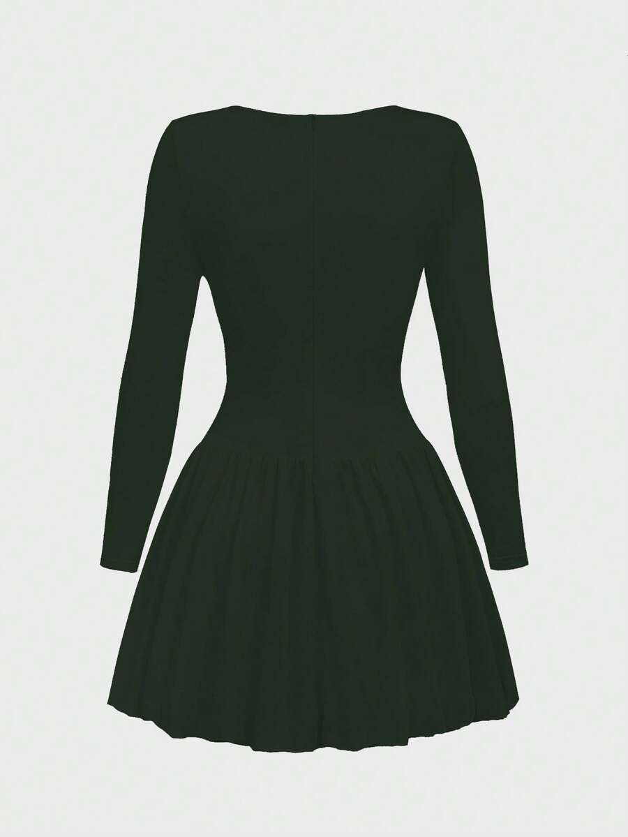 Elegant Vintage French Style Long Sleeve A-Line Dress, Pleated Collar Waist Cinched Casual Midi Length Dress For Women
