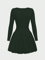 Elegant Vintage French Style Long Sleeve A-Line Dress, Pleated Collar Waist Cinched Casual Midi Length Dress For Women