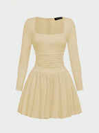 Elegant Vintage French Style Long Sleeve A-Line Dress, Pleated Collar Waist Cinched Casual Midi Length Dress For Women