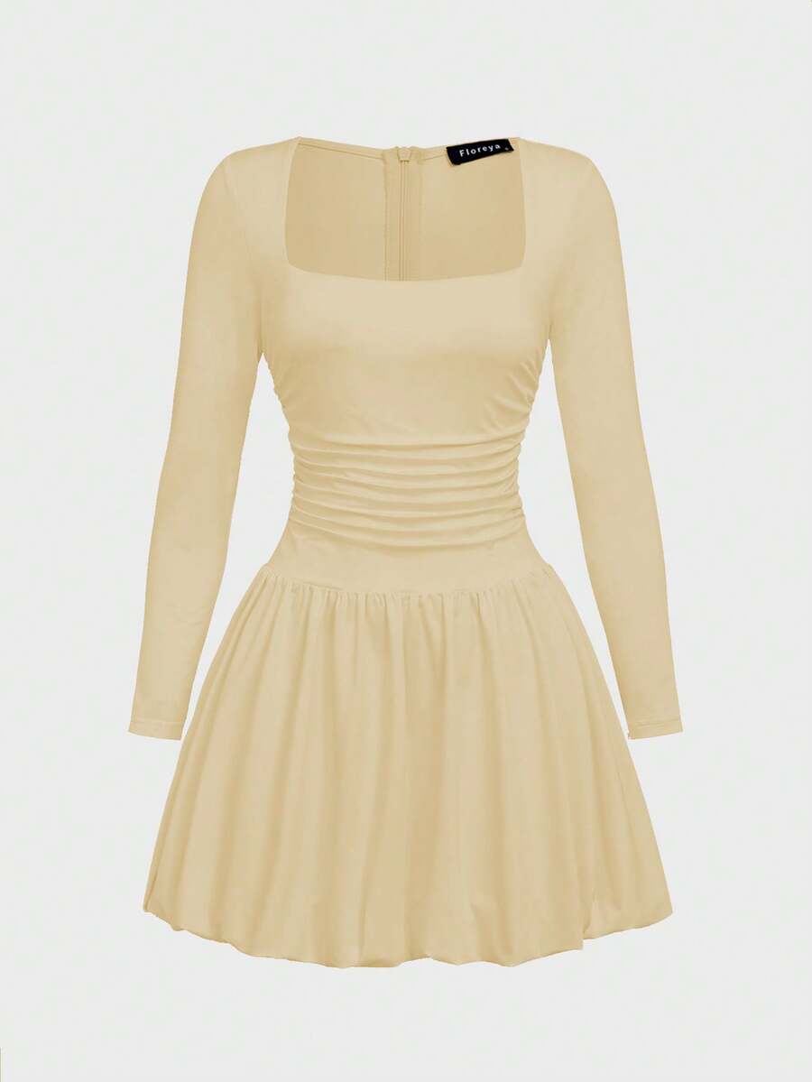 Elegant Vintage French Style Long Sleeve A-Line Dress, Pleated Collar Waist Cinched Casual Midi Length Dress For Women