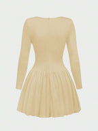 Elegant Vintage French Style Long Sleeve A-Line Dress, Pleated Collar Waist Cinched Casual Midi Length Dress For Women