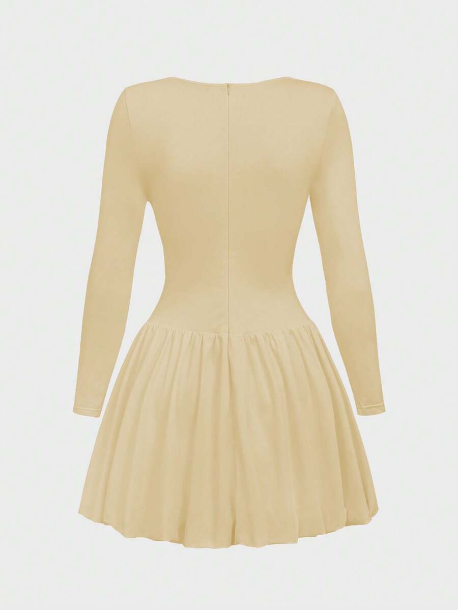 Elegant Vintage French Style Long Sleeve A-Line Dress, Pleated Collar Waist Cinched Casual Midi Length Dress For Women