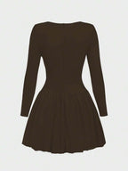 Elegant Vintage French Style Long Sleeve A-Line Dress, Pleated Collar Waist Cinched Casual Midi Length Dress For Women