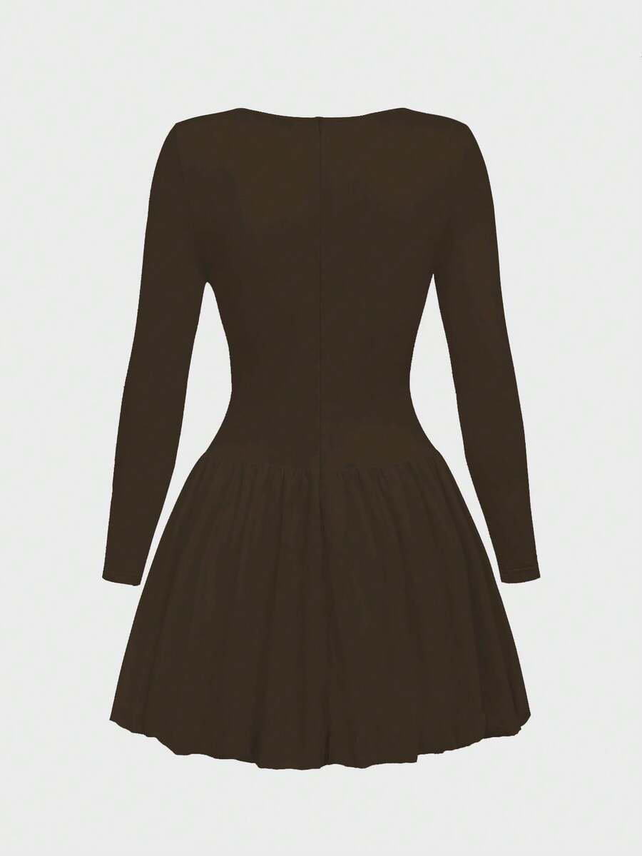 Elegant Vintage French Style Long Sleeve A-Line Dress, Pleated Collar Waist Cinched Casual Midi Length Dress For Women