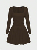 Elegant Vintage French Style Long Sleeve A-Line Dress, Pleated Collar Waist Cinched Casual Midi Length Dress For Women