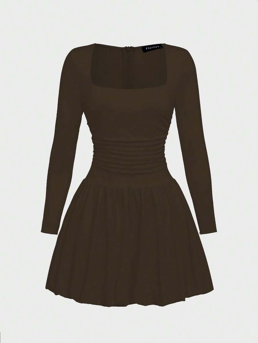 Elegant Vintage French Style Long Sleeve A-Line Dress, Pleated Collar Waist Cinched Casual Midi Length Dress For Women