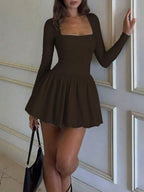Elegant Vintage French Style Long Sleeve A-Line Dress, Pleated Collar Waist Cinched Casual Midi Length Dress For Women